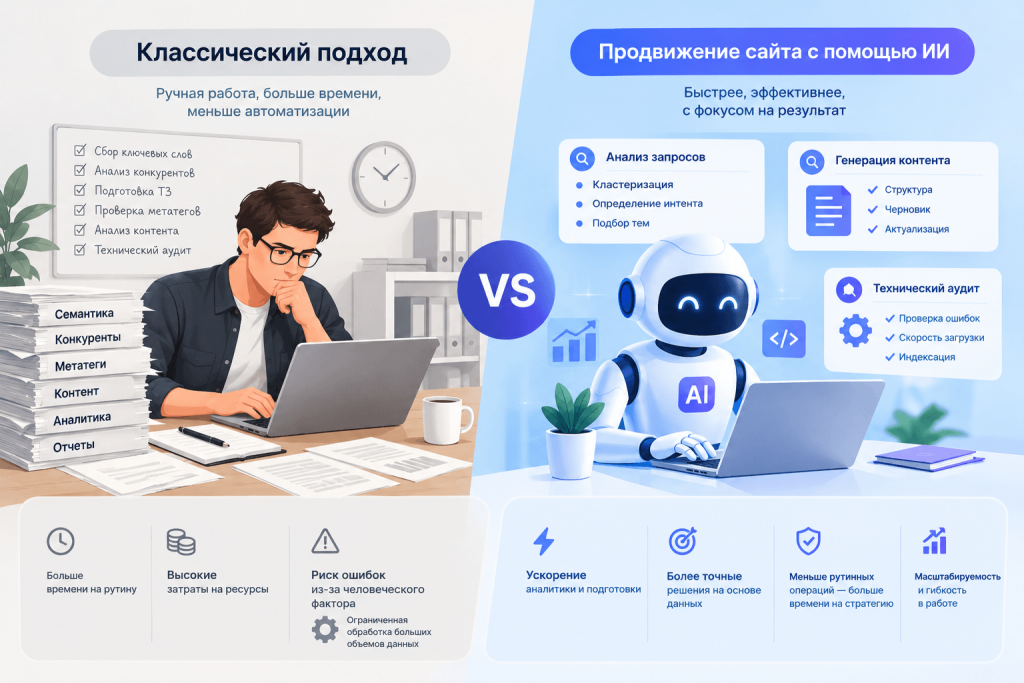 Сравнение: классический подход vs. продвижение сайта с помощью ИИ Сравнение: классический подход vs. продвижение сайта с помощью ИИ